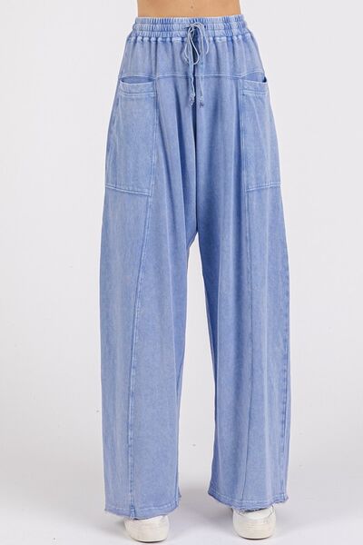Blue Mineral Wash Elastic Baggy Pants - Tigbul's Variety Fashion Shop