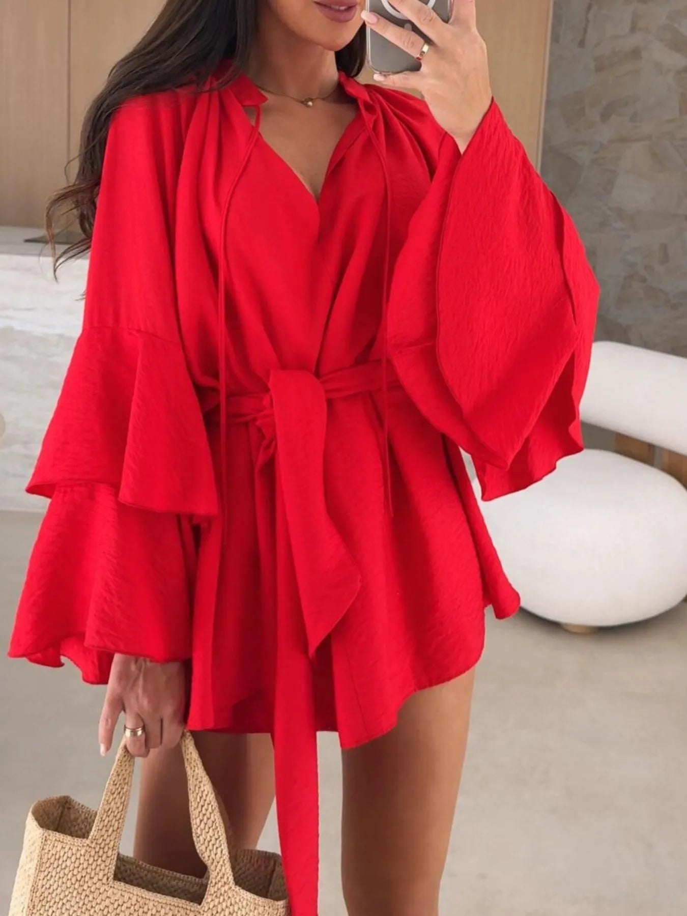 Bell Sleeve Tie Waist Mini Shirt Dress - Tigbul's Variety Fashion Shop