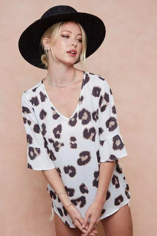 BiBi Leopard Printed V Neck Woven Top with Ruffled - Tigbul's Variety Fashion Shop