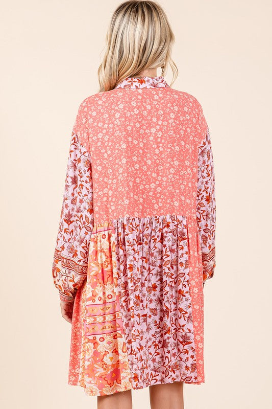 Pink Floral Button Detail Long Sleeve Shirt Dress - Tigbul's Variety Fashion Shop
