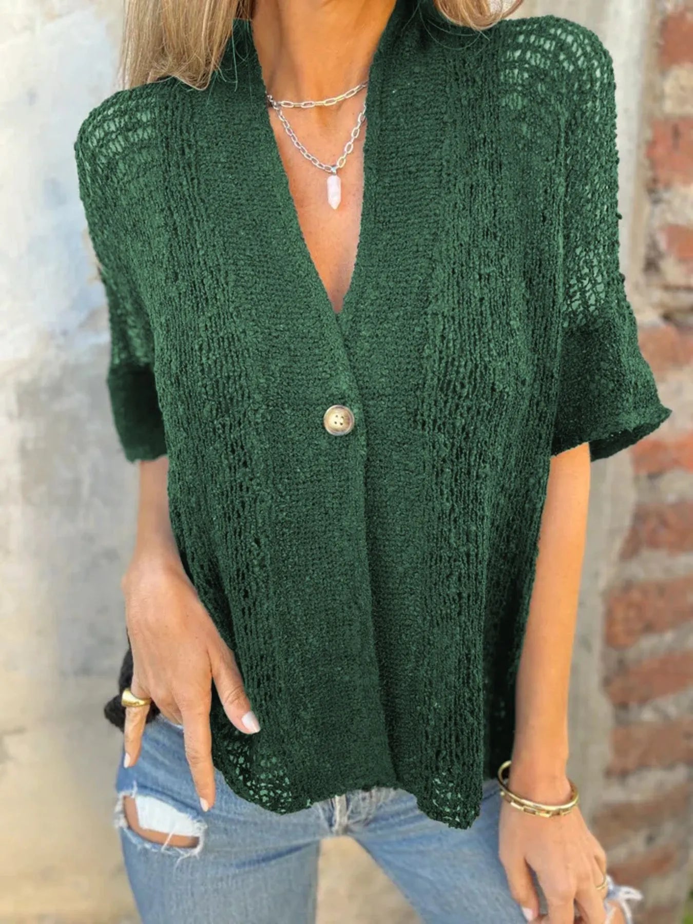 Full Size One Button Half Sleeve Cardigan Plus Size - Tigbul's Variety Fashion Shop