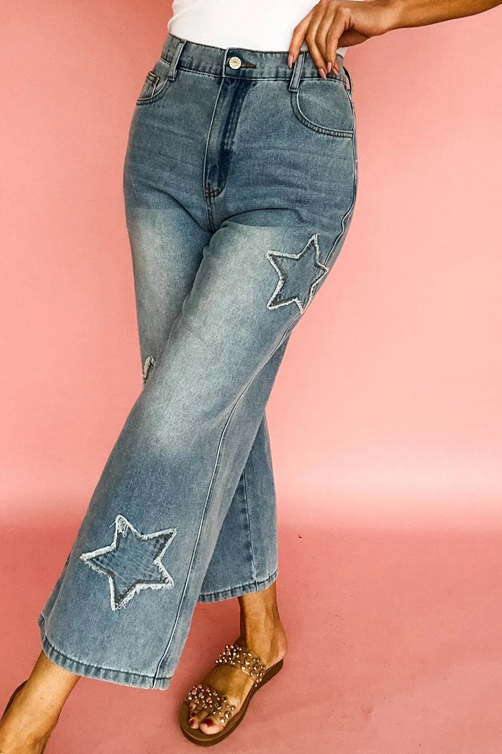 Star Embroidered High Waist Wide Leg Jeans - Tigbul's Variety Fashion Shop