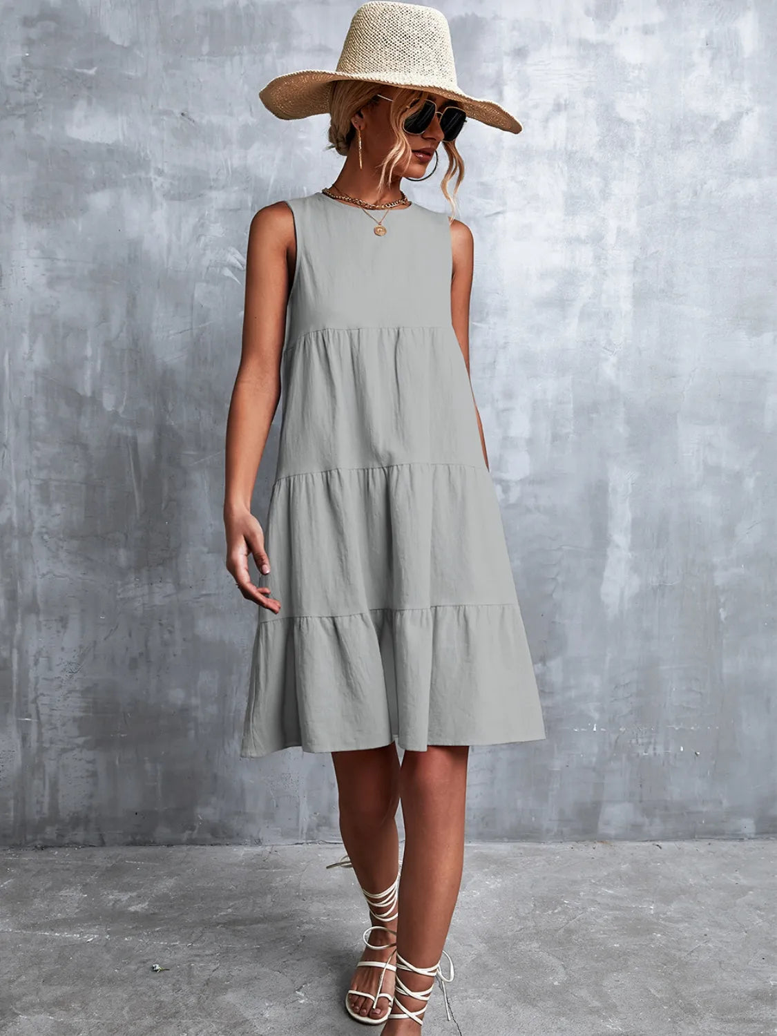 Tiered Round Neck Sleeveless Mini Tank Dress - Tigbul's Variety Fashion Shop