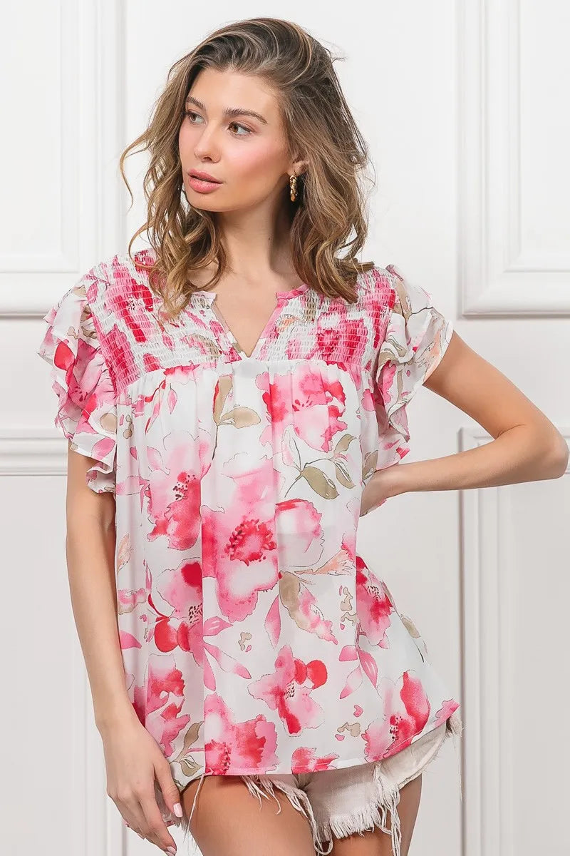 BiBi Floral Print Flutter Sheer Top - Tigbul's Variety Fashion Shop
