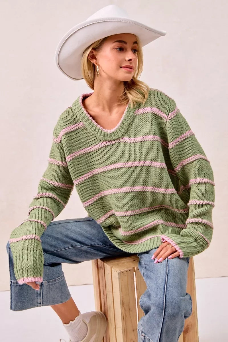 BiBi Striped Long Sleeve Sweater - Tigbul's Variety Fashion Shop