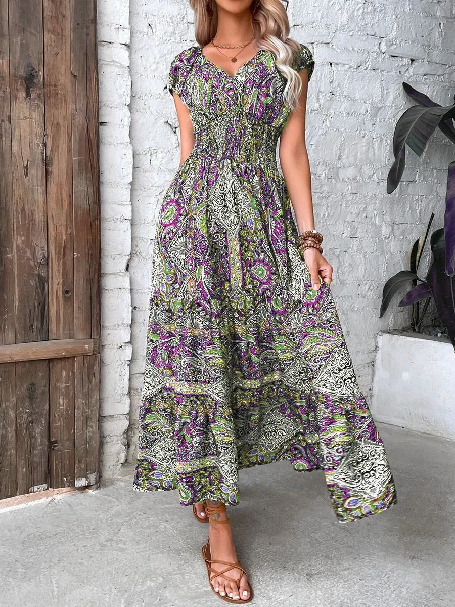 Plus Size Printed V-Neck Short Sleeve Midi Dress - Tigbul's Variety Fashion Shop