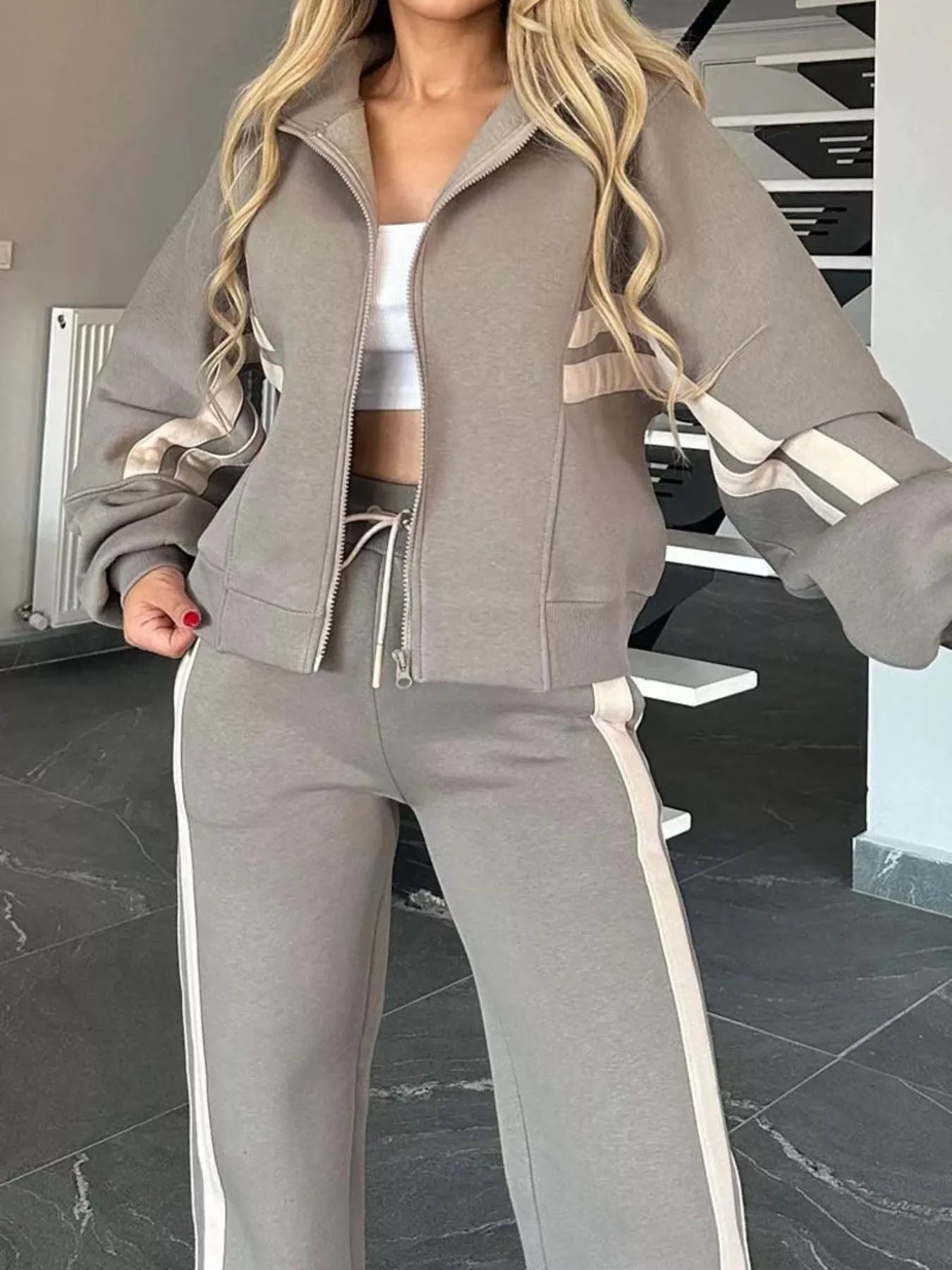 Full Size Contrast Stripe Zip Up Jacket and Pants Set Plus Size - Tigbul's Variety Fashion Shop