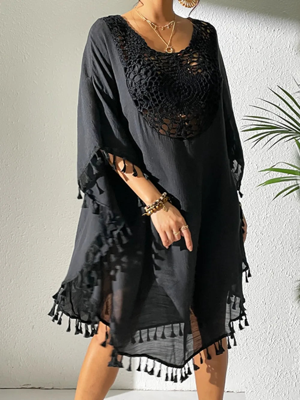 Tassel Cutout Scoop Neck Cover-Up Dress - Tigbul's Variety Fashion Shop