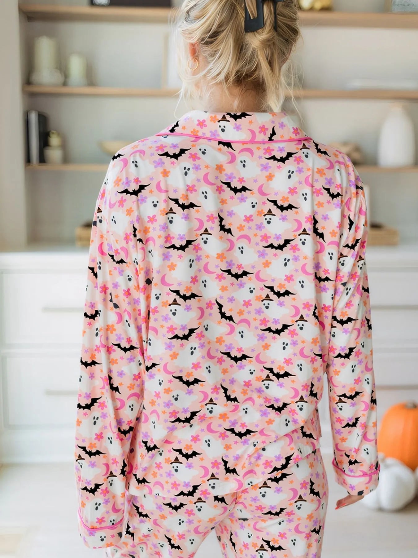 Halloween Ghost Print Button Up Top and Pants Lounge Set - Tigbul's Variety Fashion Shop
