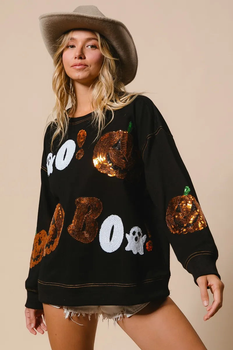 BiBi Halloween Theme Sequin Embroideries Sweatshirt - Tigbul's Variety Fashion Shop