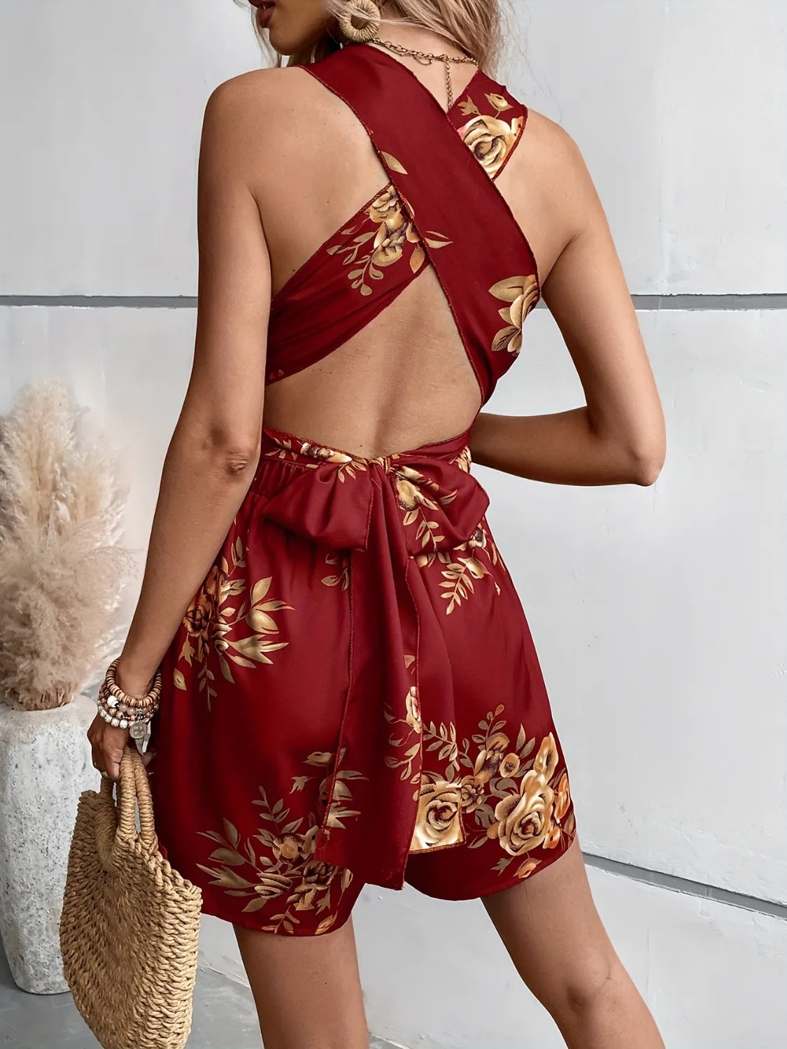 Crisscross Back Printed Romper - Tigbul's Variety Fashion Shop