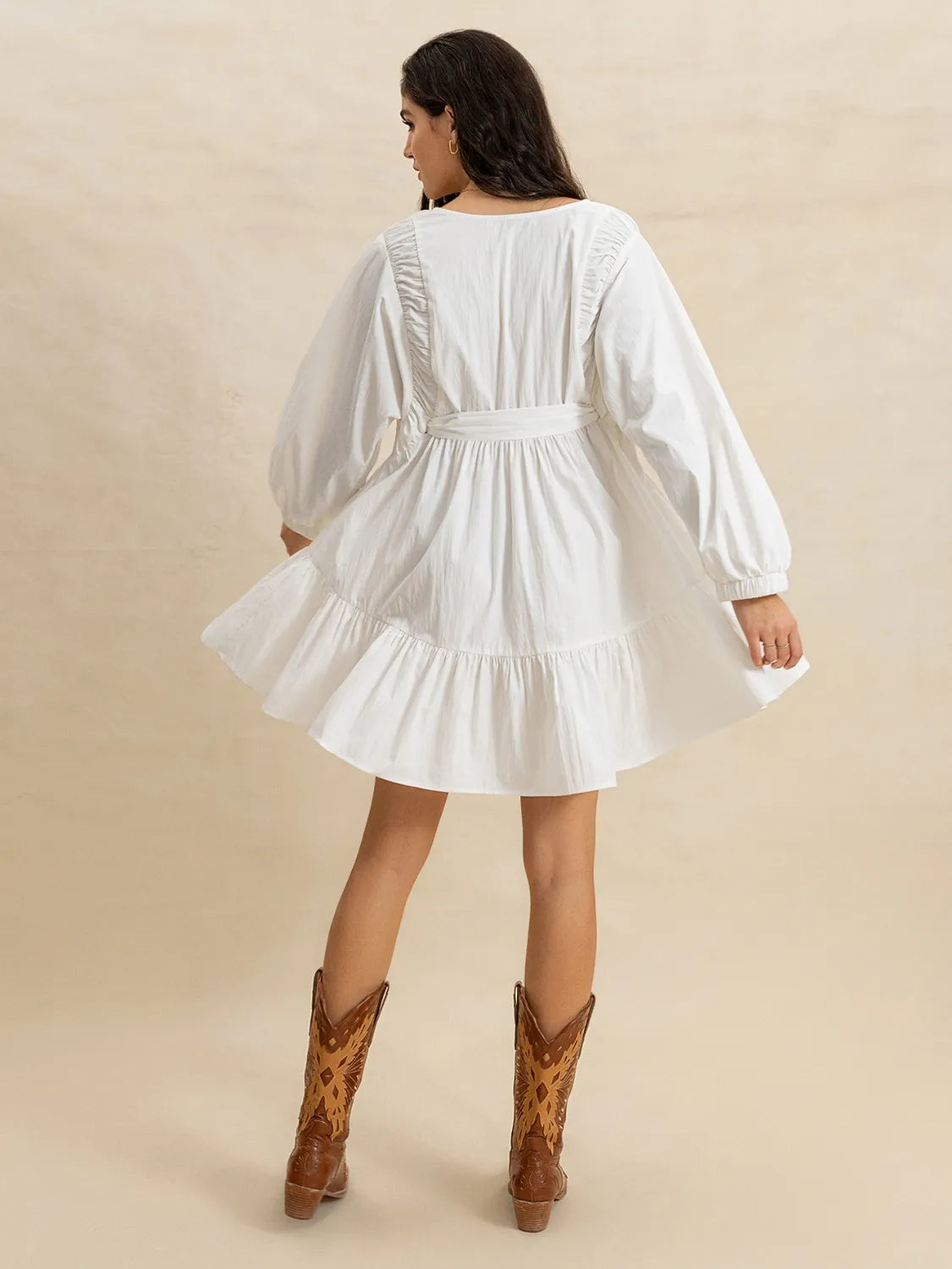 Tiered Tie Neck Long Sleeve White Mini Dress - Tigbul's Variety Fashion Shop