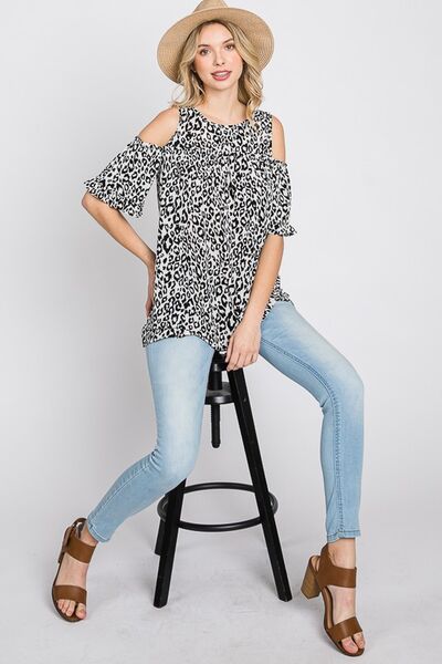 Ivory/Black Leopard Round Neck Cold Shoulder T-Shirt Plus Size - Tigbul's Variety Fashion Shop