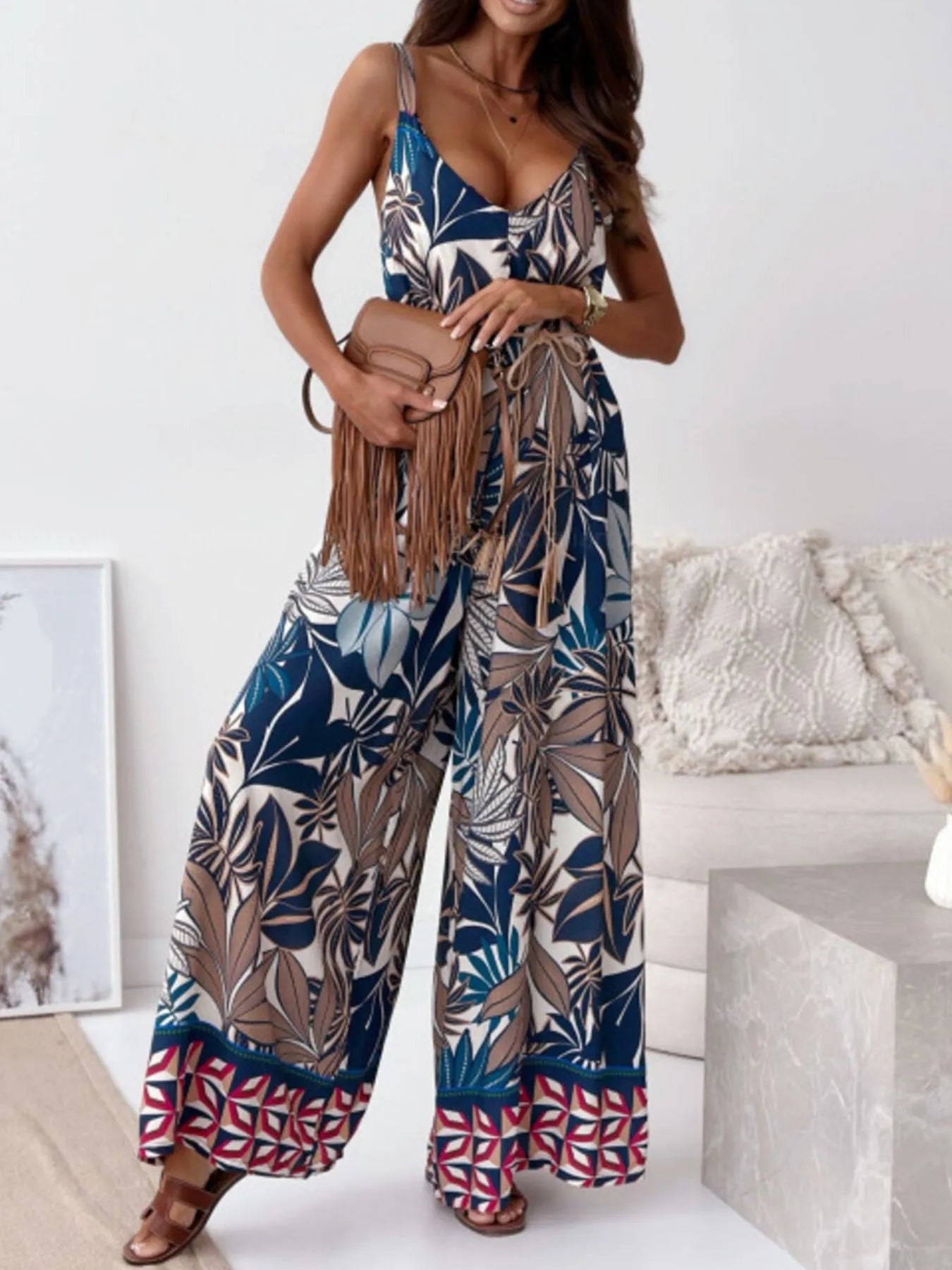 Paisley Print Spaghetti Strap Wide Leg Jumpsuit - Tigbul's Variety Fashion Shop