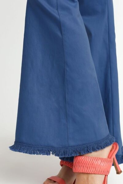 Blue Wide Flare Leg Stretch Pants with Frayed Hem - Tigbul's Variety Fashion Shop