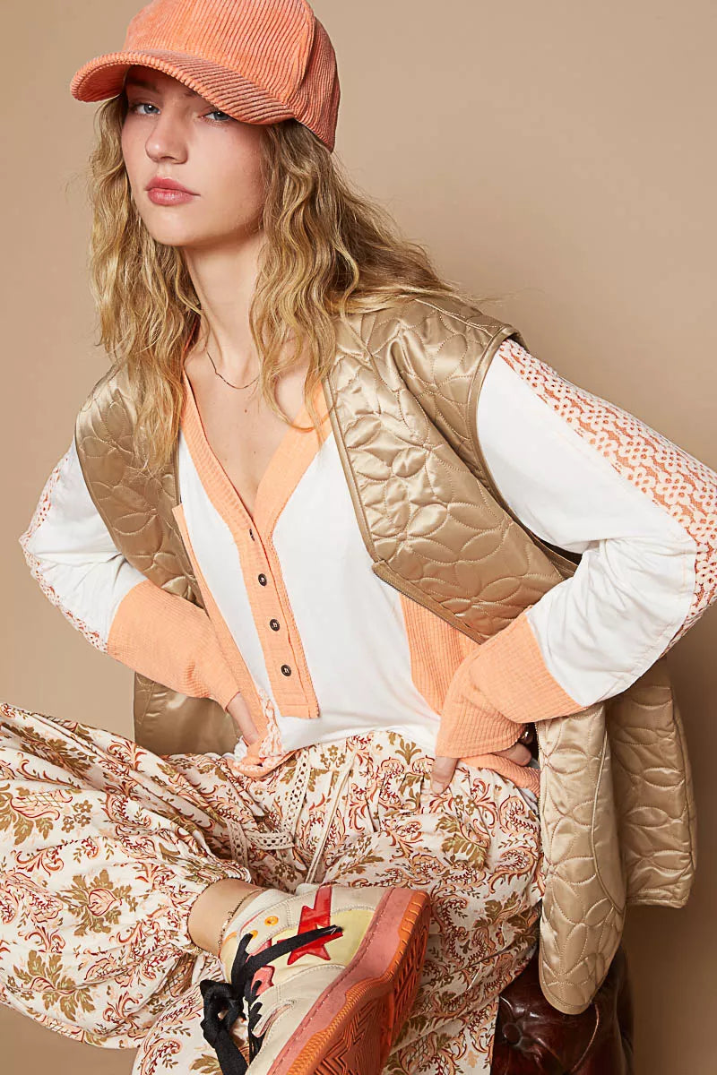 POL Front Zipper Floral Pattern Quilted Vest Coat with Front Pockets - Tigbul's Variety Fashion Shop