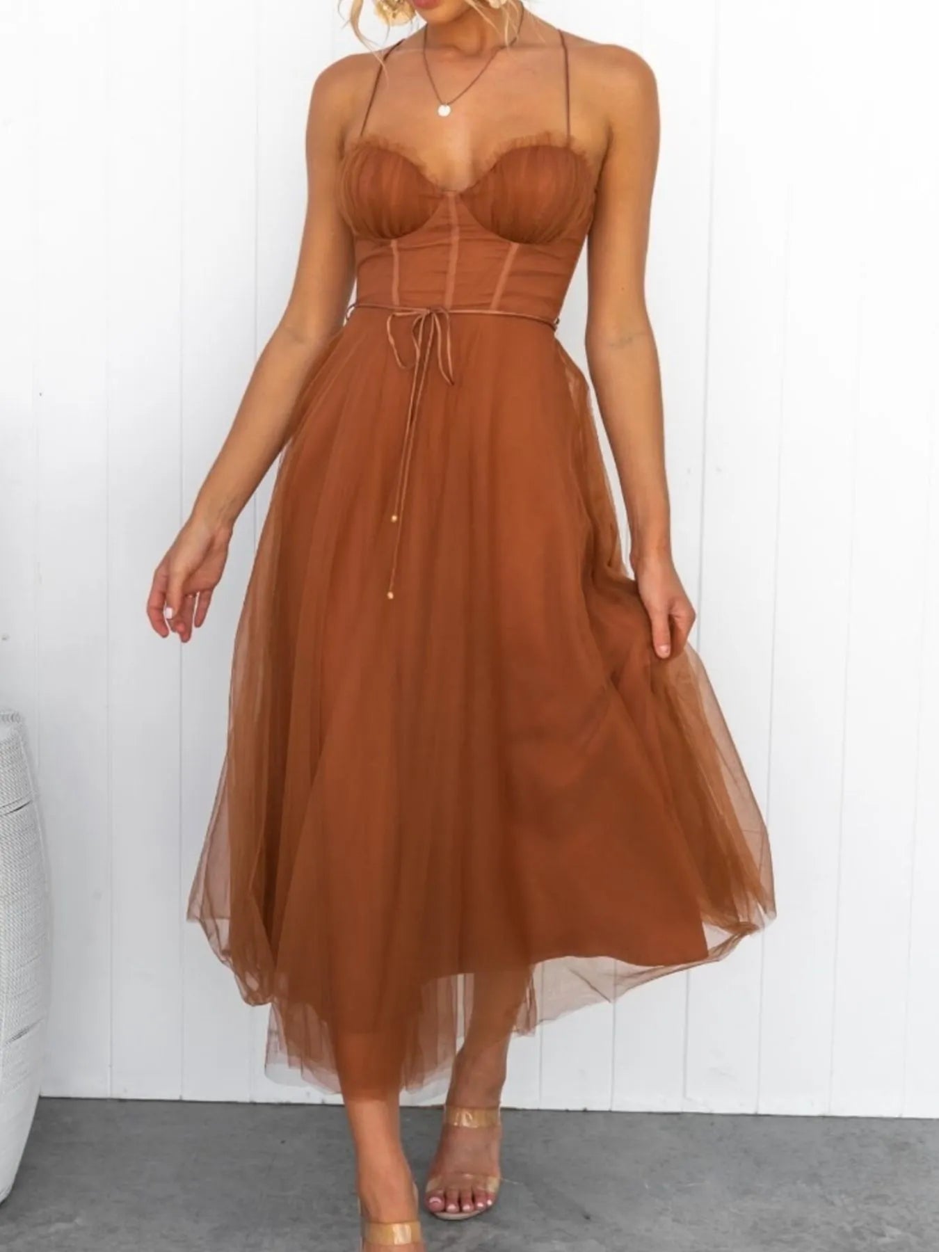Sweetheart Neck Tulle Midi Dress - Tigbul's Variety Fashion Shop