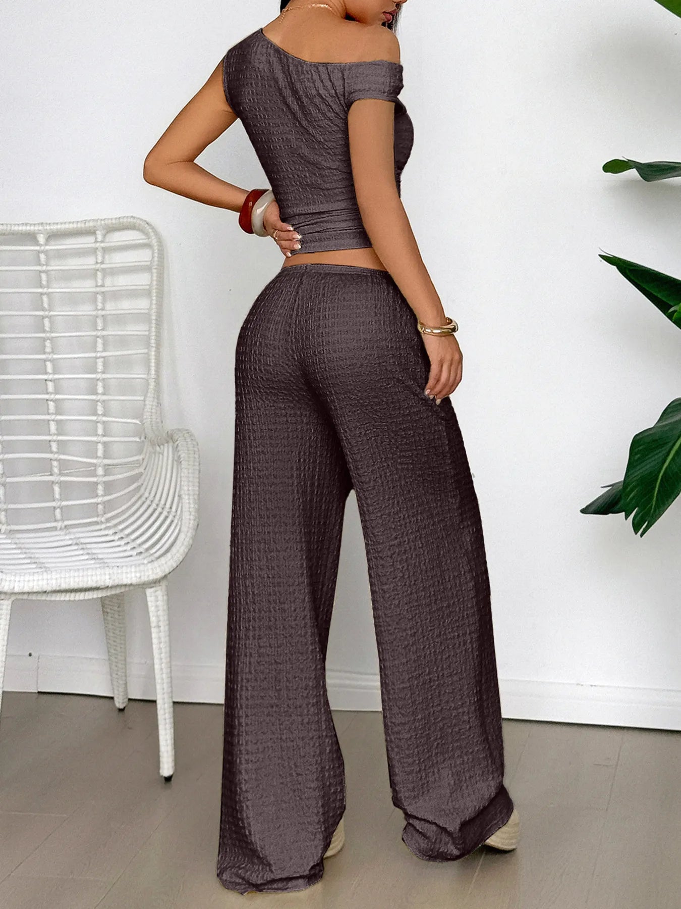 One Shoulder Top and Wide Leg Pants Set - Tigbul's Variety Fashion Shop