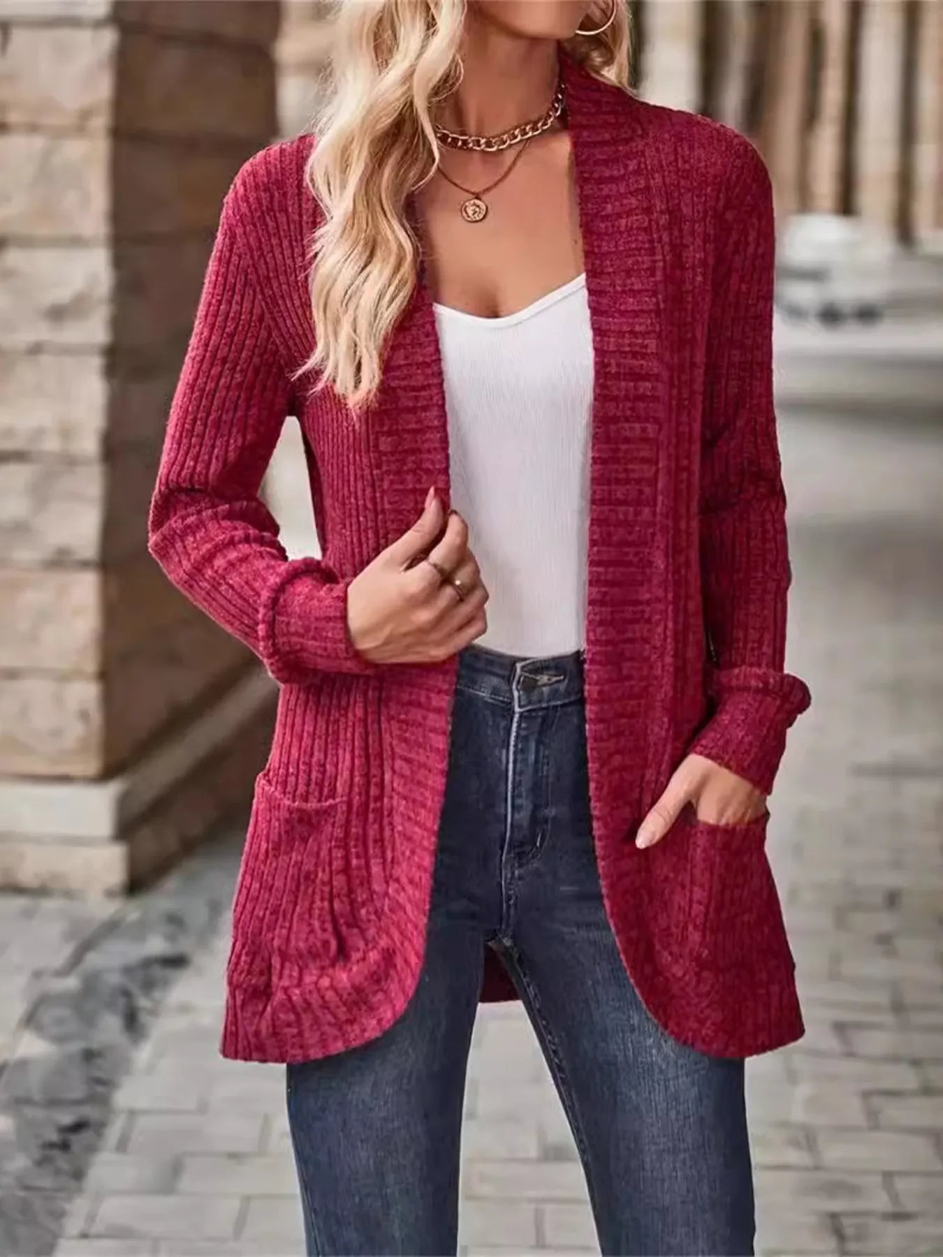 Ribbed Open Front Long Cardigan with Pockets - Tigbul's Variety Fashion Shop