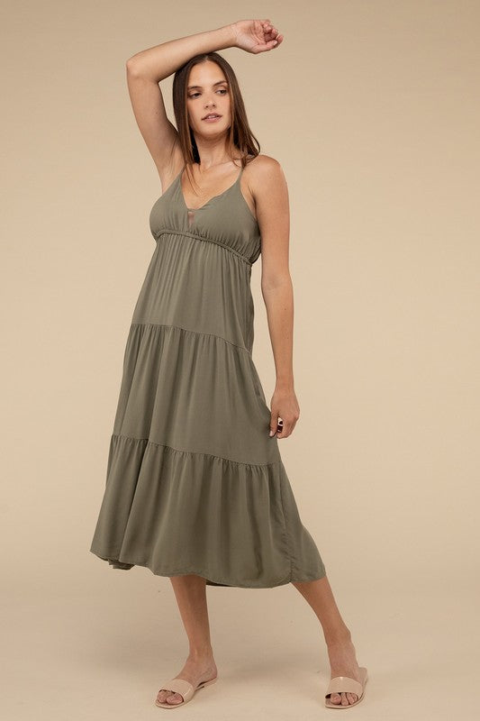 Woven Sweetheart Neckline Tiered Cami Midi Dress - Tigbul's Variety Fashion Shop