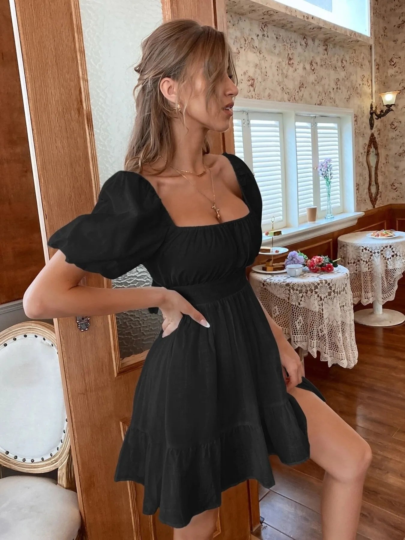 Square Neck Puff Sleeve Mini Dress - Tigbul's Variety Fashion Shop
