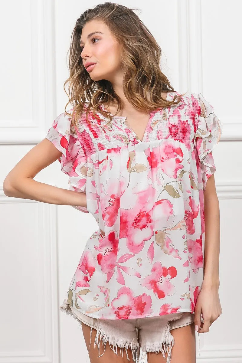 BiBi Floral Print Flutter Sheer Top - Tigbul's Variety Fashion Shop