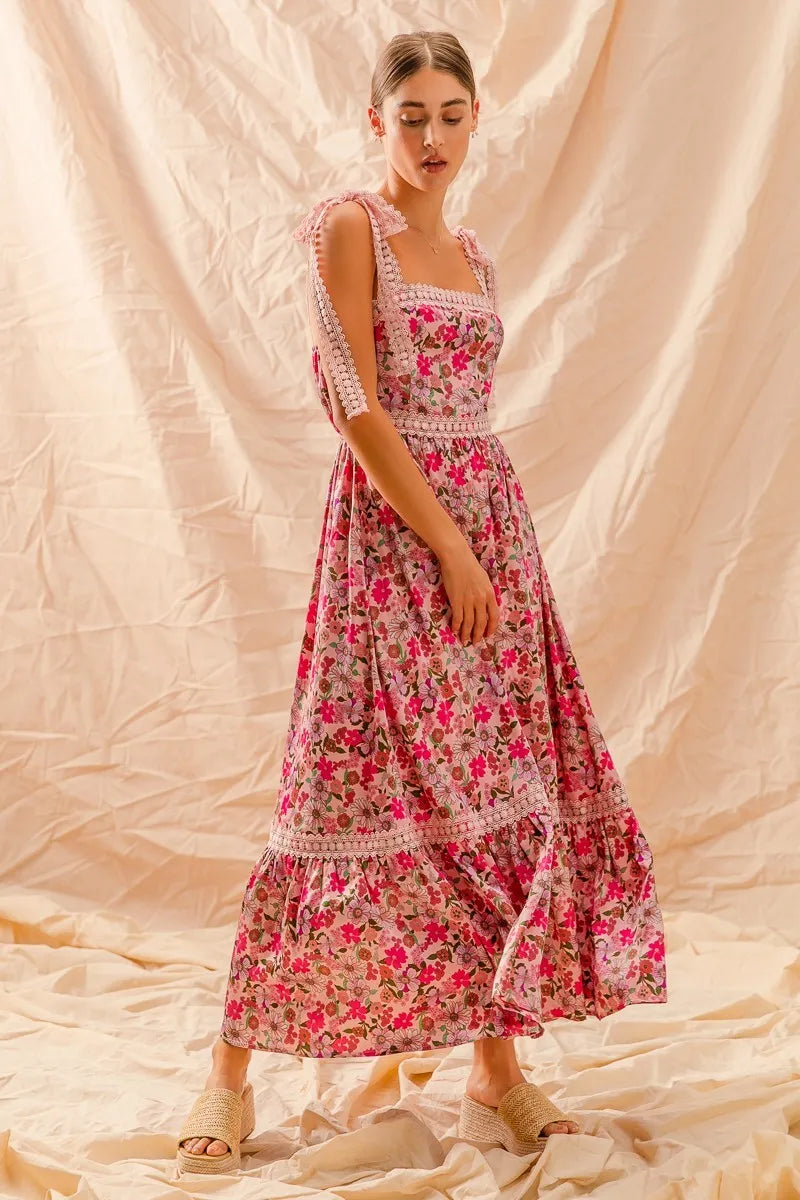 SO ME Floral Maxi Dress With Ribbon Tie Lace Strap - Tigbul's Variety Fashion Shop