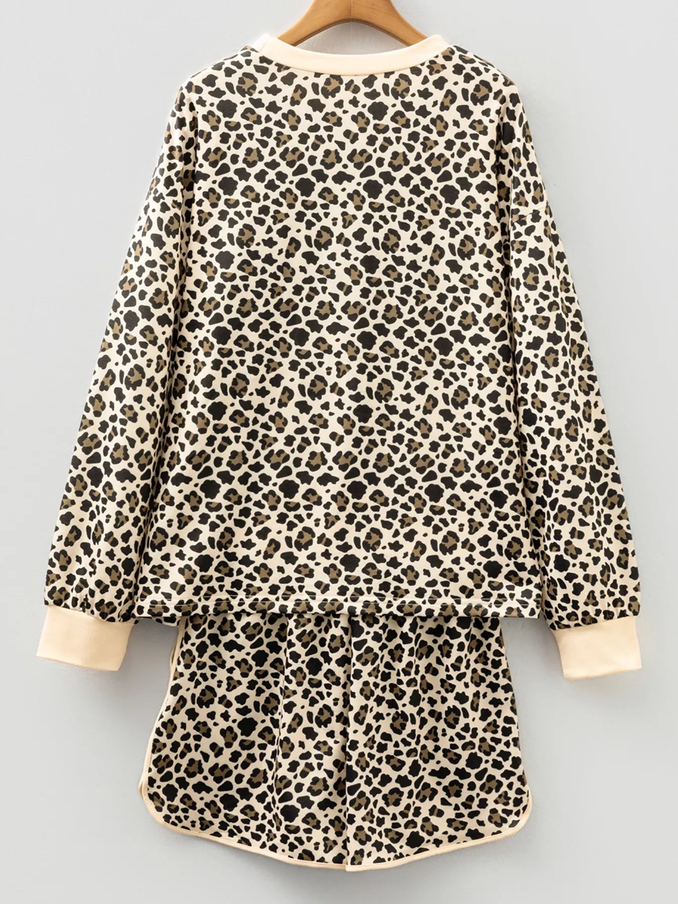 Leopard Print Contrast Trim Long Sleeve Pullover and Drawstring Shorts 2pcs Outfit - Tigbul's Variety Fashion Shop