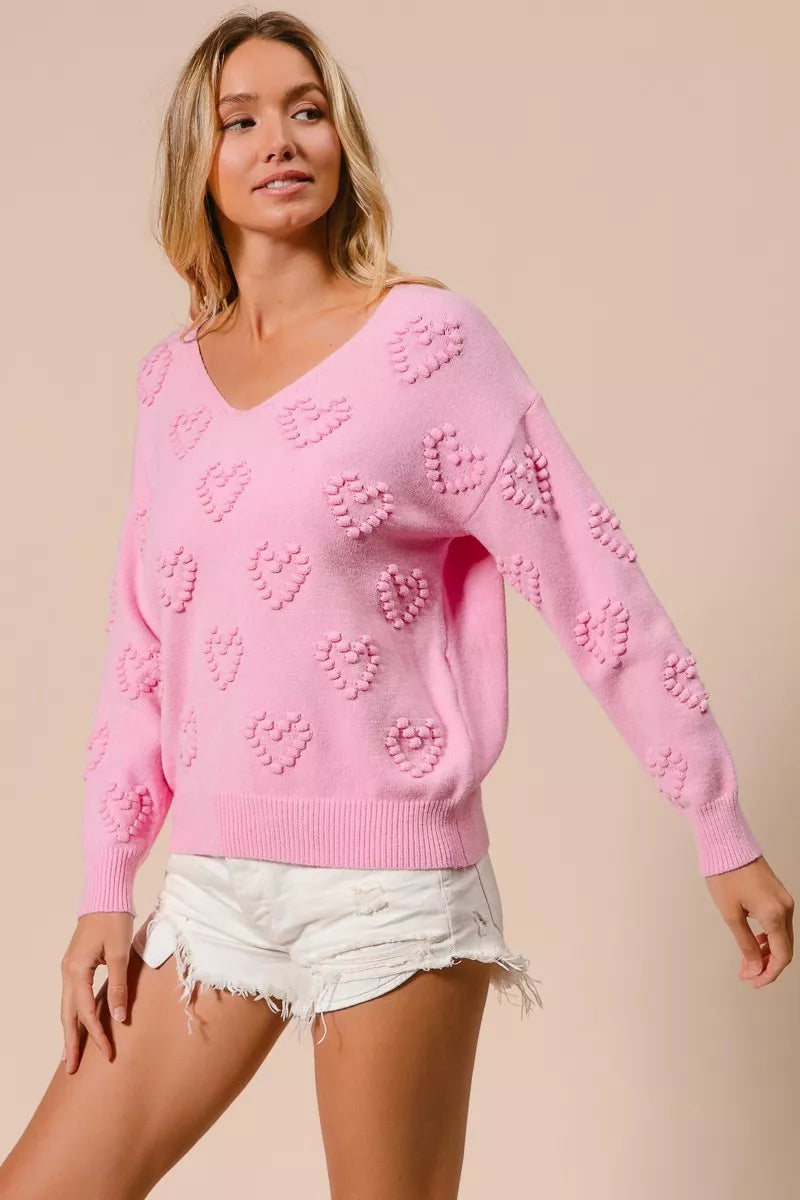 BiBi Valentines Heart Pompom V Neck Knit Top - Tigbul's Variety Fashion Shop