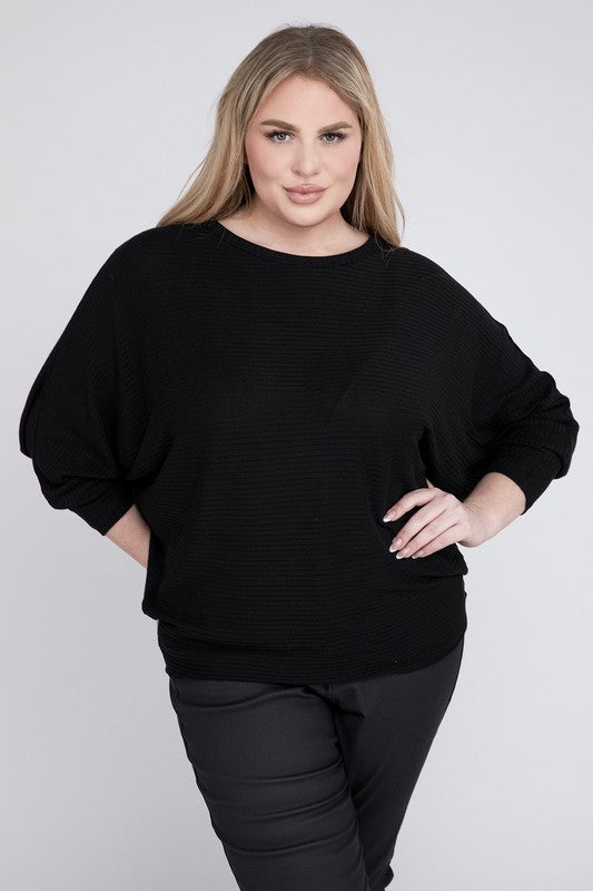 Plus Ribbed Batwing Long Sleeve Boat Neck Sweater - Tigbul's Variety Fashion Shop