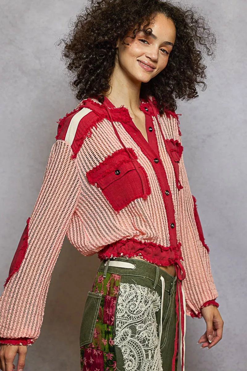 POL Texture Woven Button Down Hooded Shirt with Drawstring Hem - Tigbul's Variety Fashion Shop