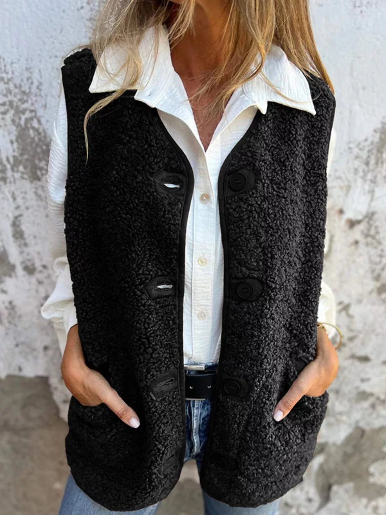 Full Size Cozy Sherpa Fleece Button-Up Vest Coat with Pockets Plus Size - Tigbul's Variety Fashion Shop