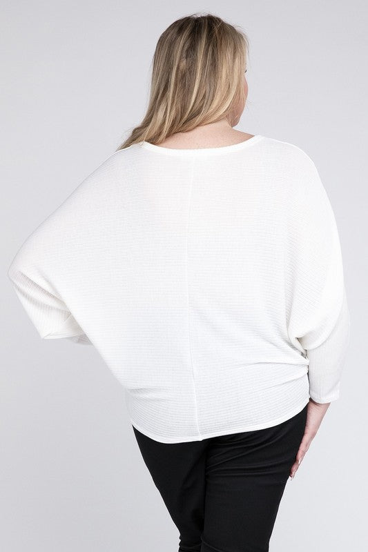 Plus Ribbed Batwing Long Sleeve Boat Neck Sweater - Tigbul's Variety Fashion Shop