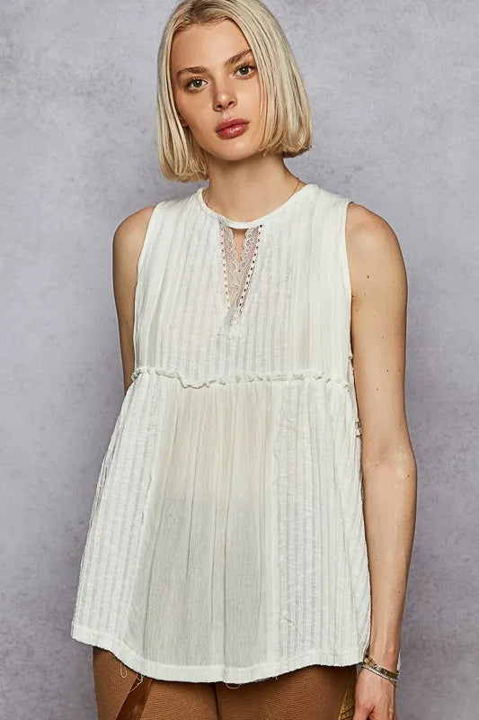 POL Lace Trim Round Neck Tank with Pintuck Detail - Tigbul's Variety Fashion Shop