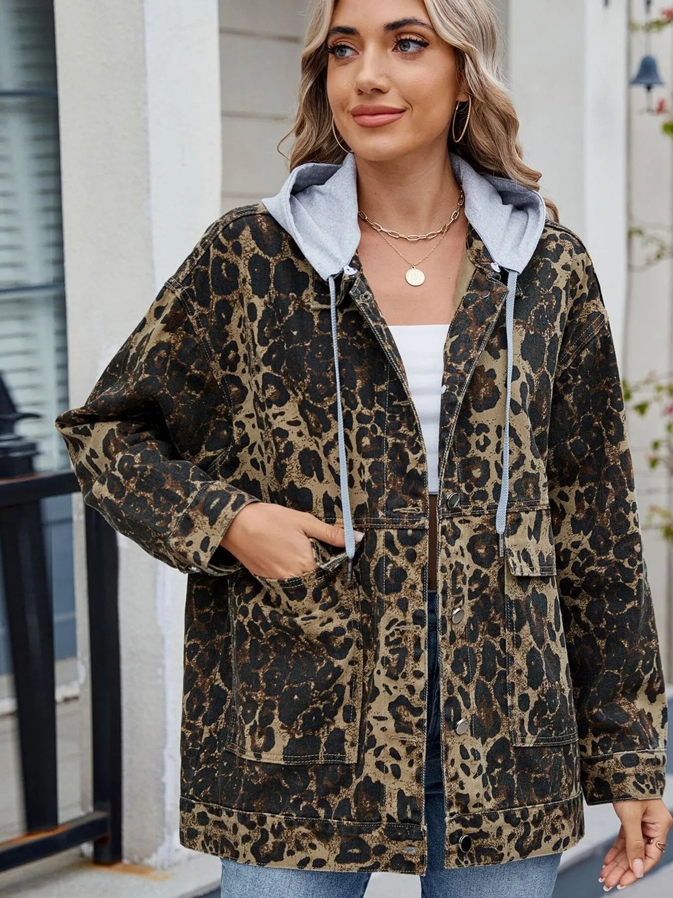 Oversized Button Up Denim Jacket with Hood - Tigbul's Variety Fashion Shop