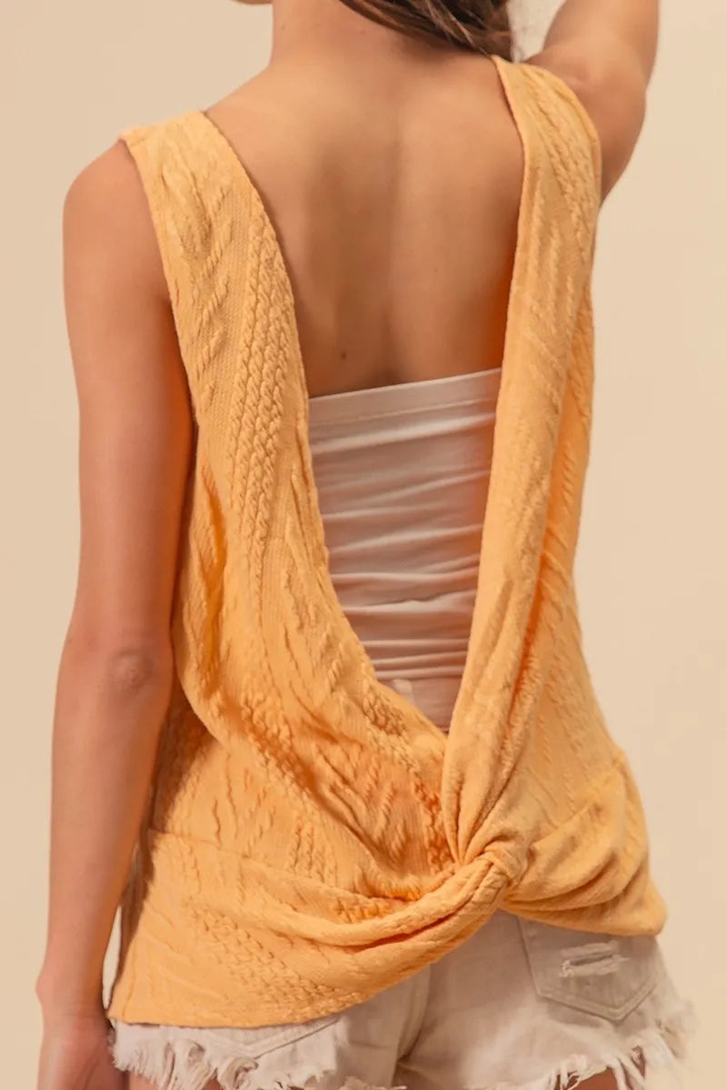 Textured Sweather Knit Twist Back Sleeveless Yellow Top - Tigbul's Variety Fashion Shop