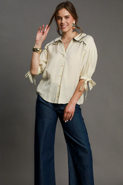 Ivory Embroidered Detail Button Down Shirt - Tigbul's Variety Fashion Shop