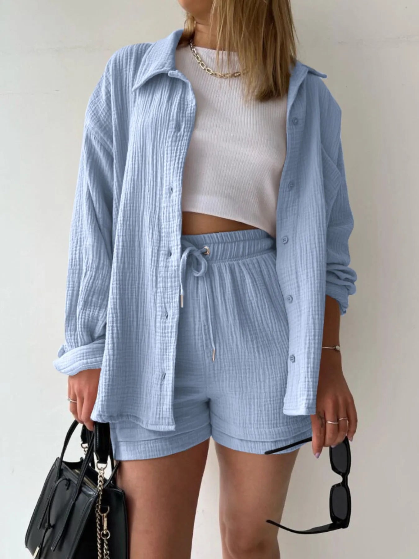 Textured Button Up Shirt and Shorts Set - Tigbul's Variety Fashion Shop