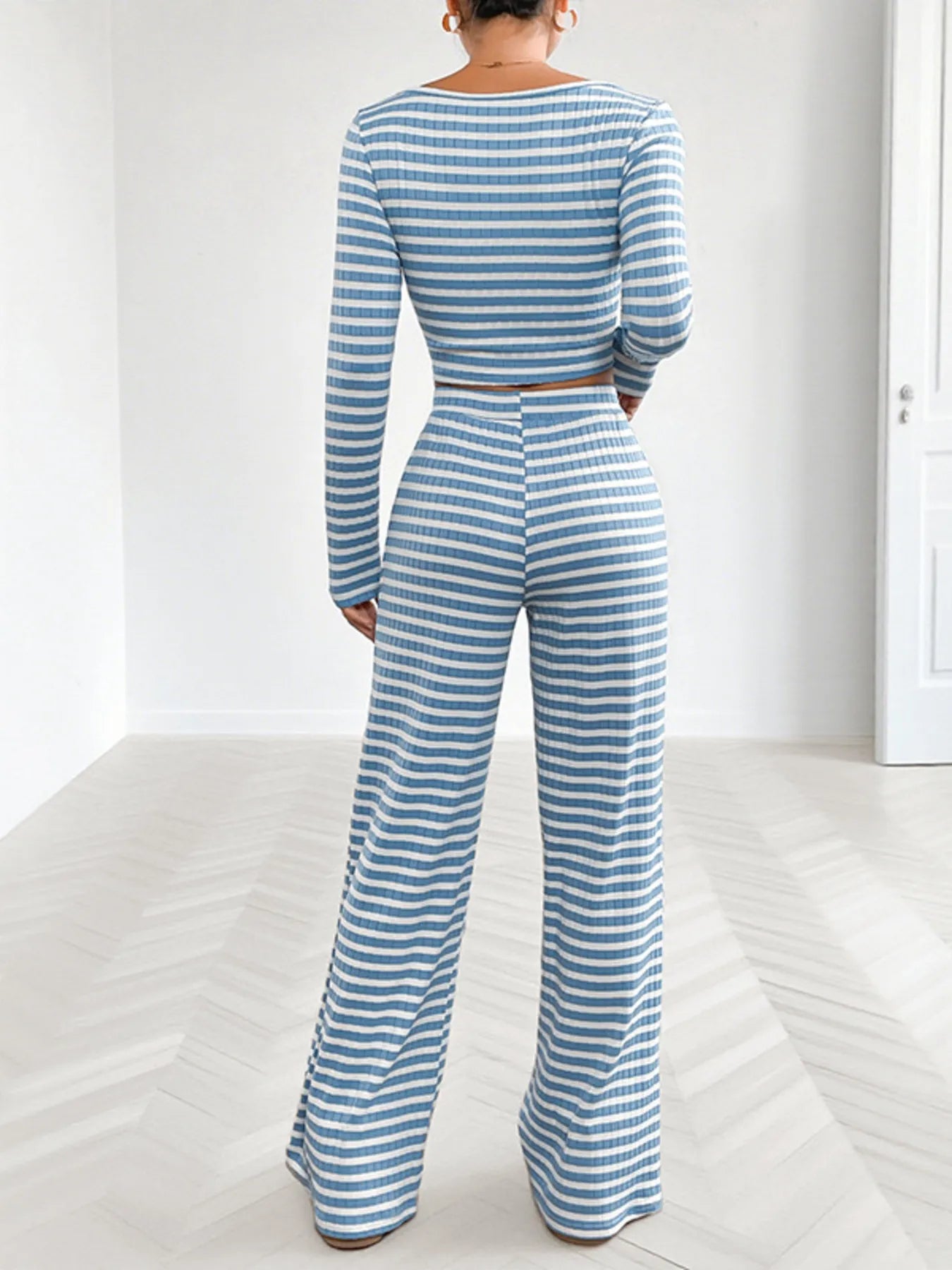 Striped Square Neck Long Sleeve Top and Pants Lounge Set - Tigbul's Variety Fashion Shop