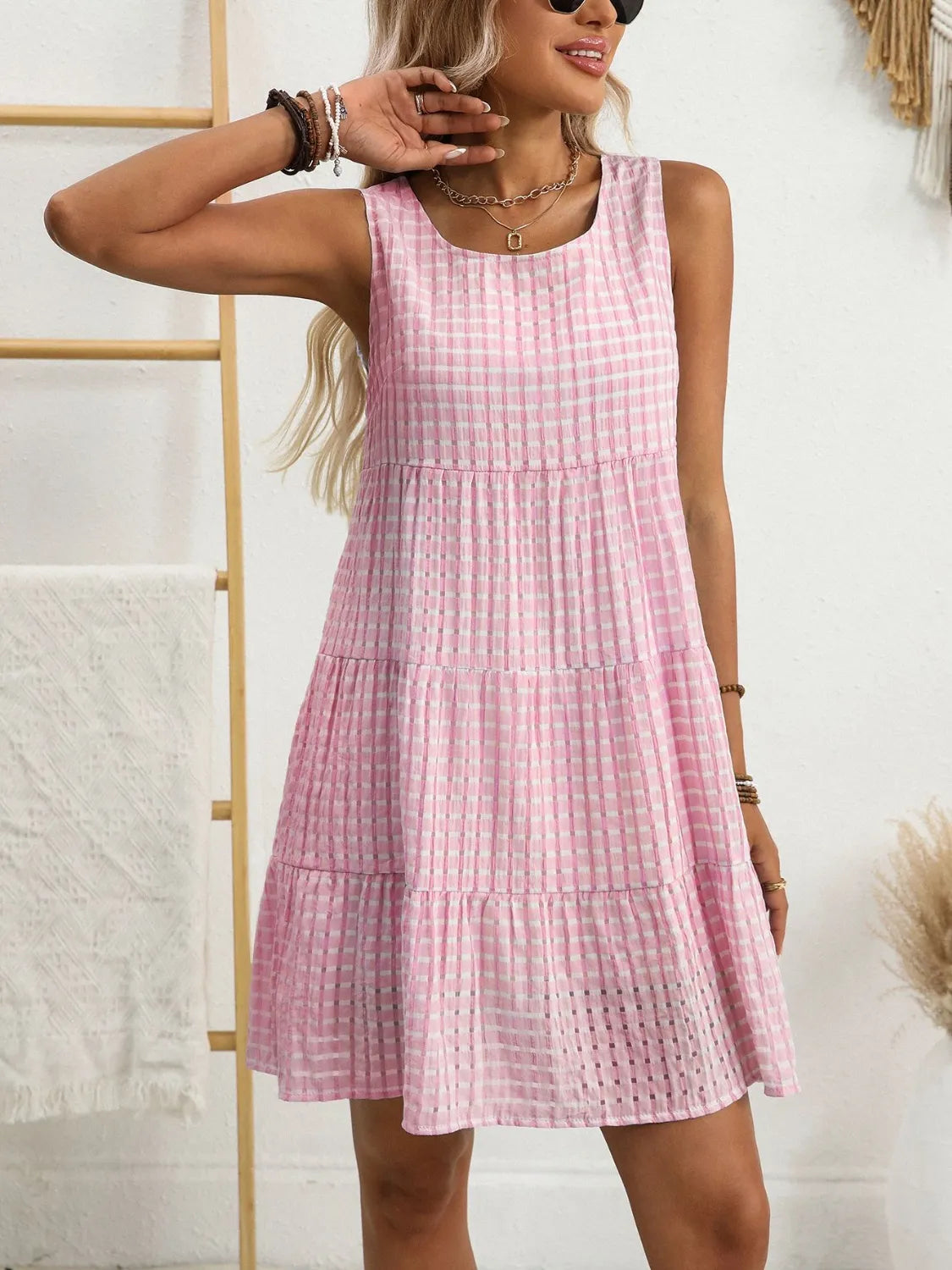 Plaid Round Neck Sleeveless Mini Dress - Tigbul's Variety Fashion Shop