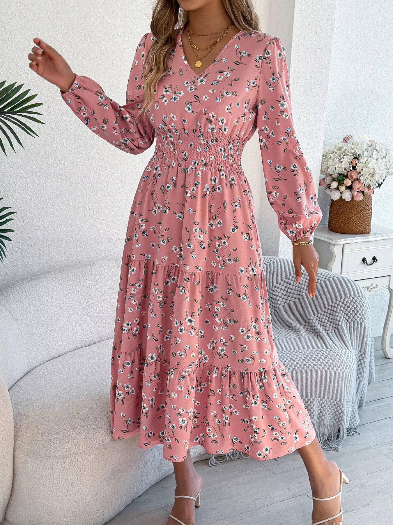 Floral Print Long Sleeve V-Neck Midi Dress - Tigbul's Variety Fashion Shop