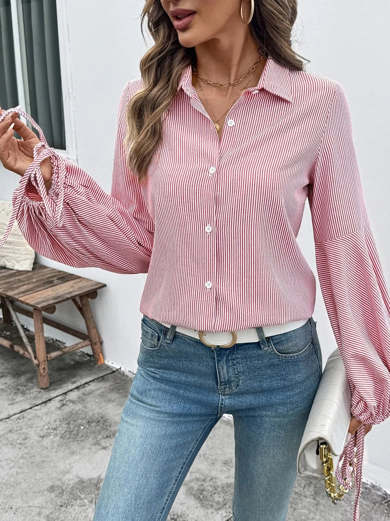 Striped Balloon Sleeve Button-Up Shirt - Tigbul's Variety Fashion Shop