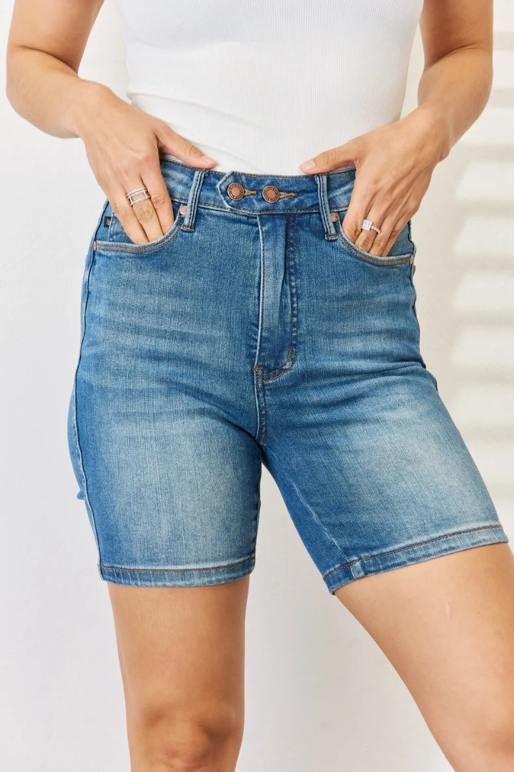 Judy Blue Full Size Tummy Control Double Button Bermuda Denim Shorts - Tigbul's Variety Fashion Shop