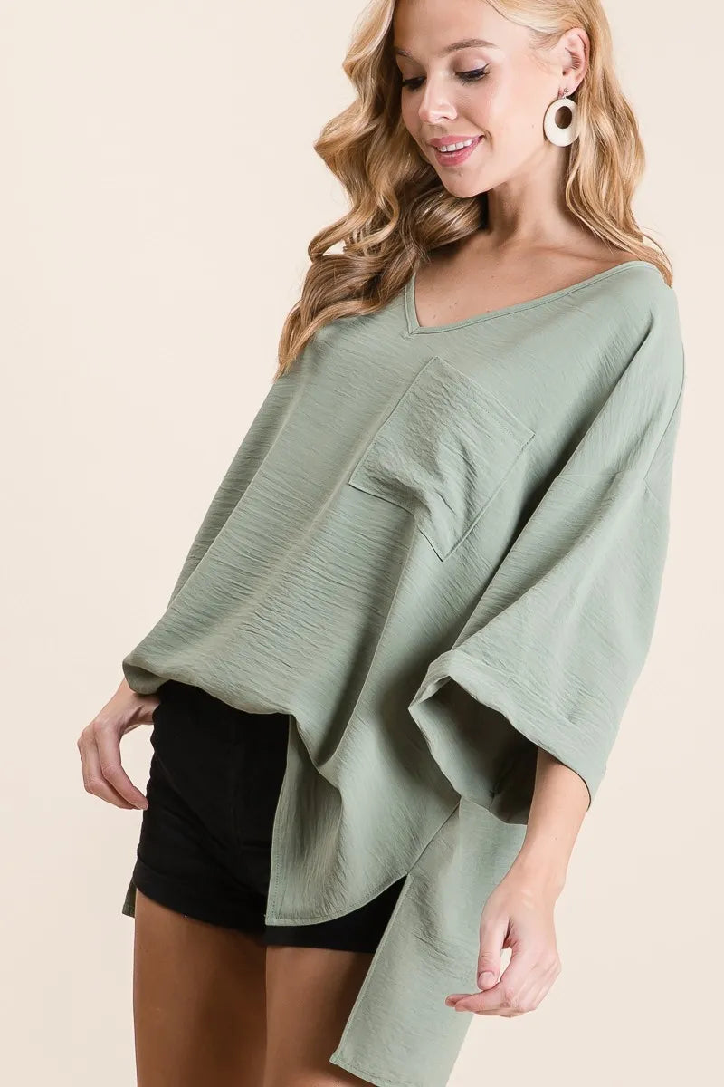 BiBi Flowy Woven V-Neck Top with Rolled Up Cuffs - Tigbul's Variety Fashion Shop