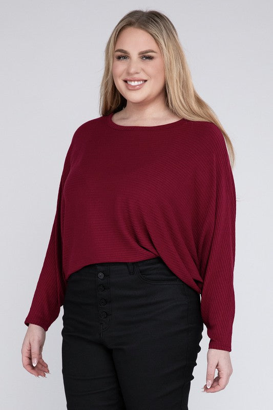 Plus Ribbed Batwing Long Sleeve Boat Neck Sweater - Tigbul's Variety Fashion Shop