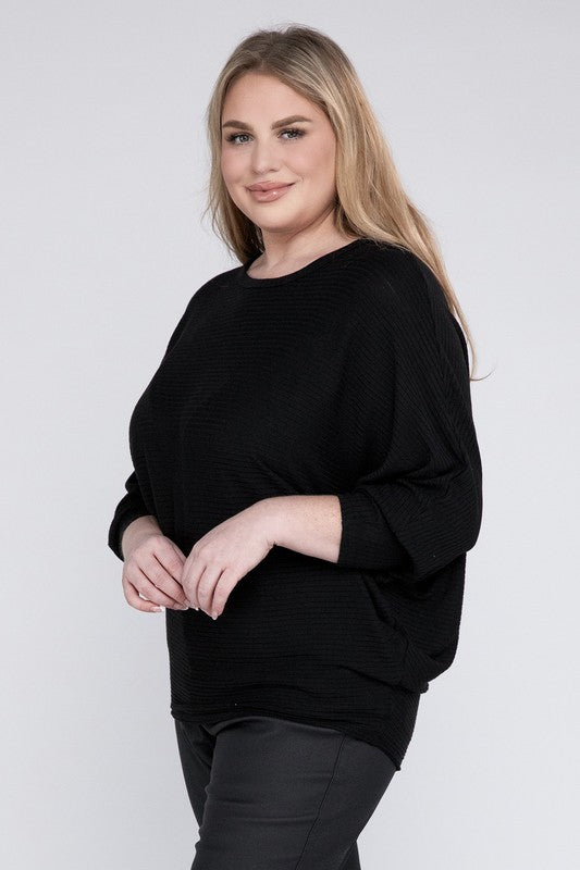 Plus Ribbed Batwing Long Sleeve Boat Neck Sweater - Tigbul's Variety Fashion Shop