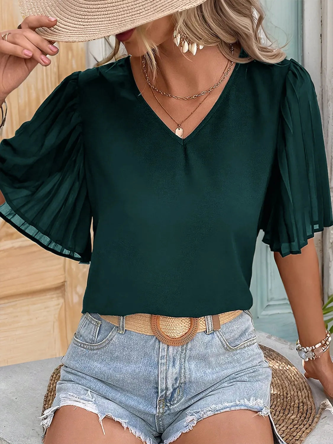 V-Neck Half Sleeve Blouse - Tigbul's Variety Fashion Shop