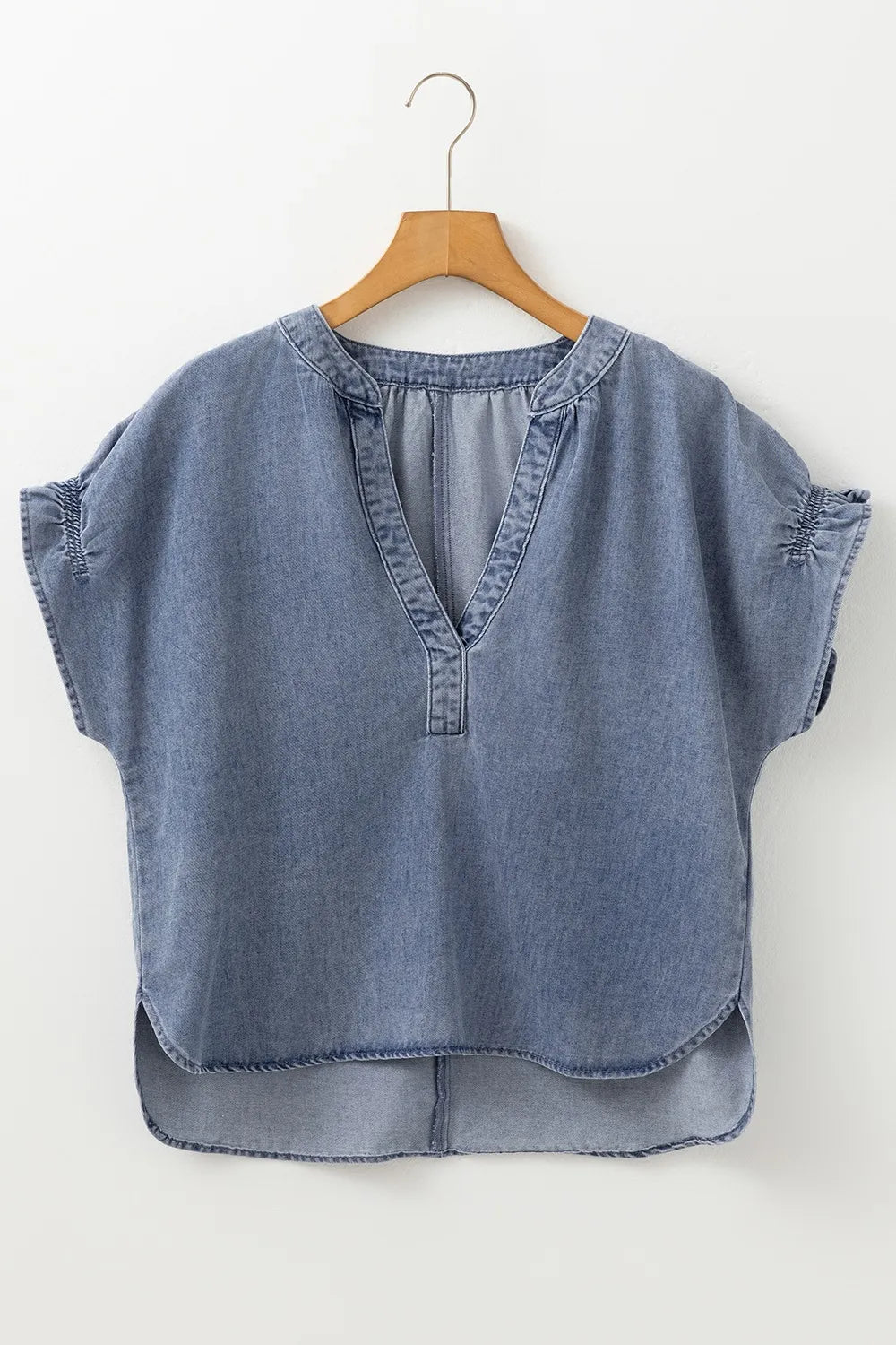 V Neck Ruffled Short Puff Sleeve Denim Top - Tigbul's Variety Fashion Shop