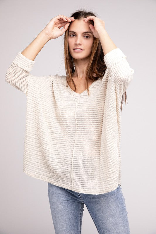 3/4 Sleeve V-Neck Hi-Low Hem Jacquard Sweater - Tigbul's Variety Fashion Shop