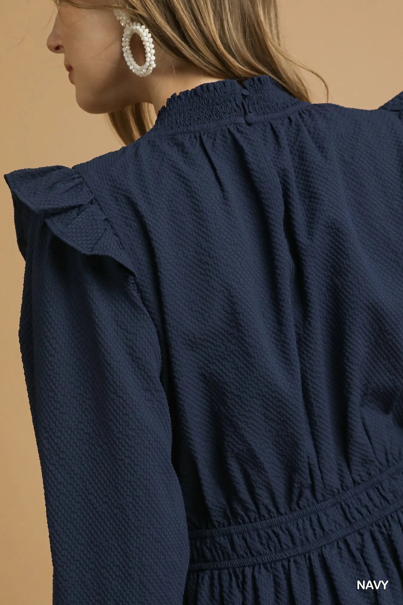 Umgee Textured Midi Dress with Ruffle Shoulder Detail - Tigbul's Variety Fashion Shop